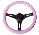 NRG Classic Wood Grain Steering Wheel (350mm) Solid Pink Painted Grip w/Black 3-Spoke Center thumbnail 2