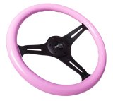 NRG Classic Wood Grain Steering Wheel (350mm) Solid Pink Painted Grip w/Black 3-Spoke Center thumbnail 4