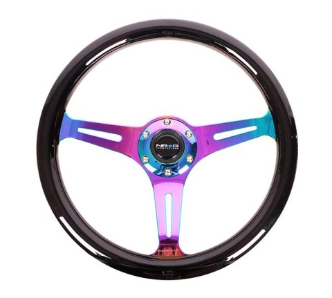 NRG Classic Wood Grain Steering Wheel (350mm) Black Paint Grip w/Neochrome 3-Spoke Center thumbnail 2