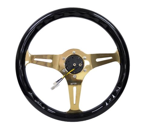 NRG Classic Wood Grain Steering Wheel (350mm) Black Grip w/Chrome Gold 3-Spoke Center thumbnail 2