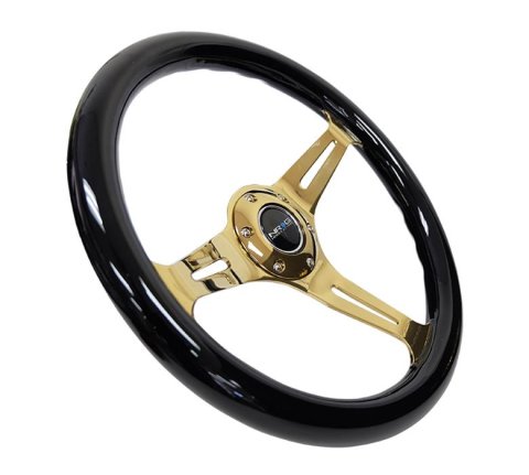 NRG Classic Wood Grain Steering Wheel (350mm) Black Grip w/Chrome Gold 3-Spoke Center thumbnail 3