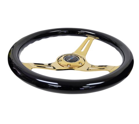 NRG Classic Wood Grain Steering Wheel (350mm) Black Grip w/Chrome Gold 3-Spoke Center thumbnail 6
