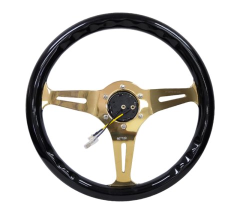 NRG Classic Wood Grain Steering Wheel (350mm) Black Grip w/Chrome Gold 3-Spoke Center thumbnail 7