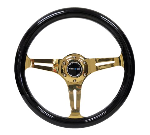 NRG Classic Wood Grain Steering Wheel (350mm) Black Grip w/Chrome Gold 3-Spoke Center thumbnail 8
