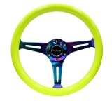 NRG Classic Wood Grain Steering Wheel (350mm) Neon Yellow Color w/Neochrome Spokes thumbnail 3