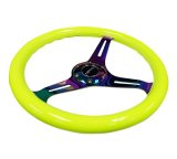 NRG Classic Wood Grain Steering Wheel (350mm) Neon Yellow Color w/Neochrome Spokes thumbnail 4