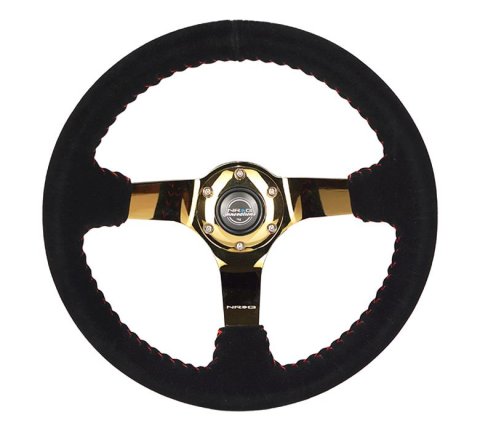 NRG Reinforced Steering Wheel (350mm / 3in. Deep) Blk Suede w/Red BBall Stitch & Chrome Gold 3-Spoke thumbnail 1