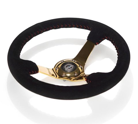 NRG Reinforced Steering Wheel (350mm / 3in. Deep) Blk Suede w/Red BBall Stitch & Chrome Gold 3-Spoke thumbnail 2