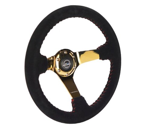 NRG Reinforced Steering Wheel (350mm / 3in. Deep) Blk Suede w/Red BBall Stitch & Chrome Gold 3-Spoke thumbnail 3