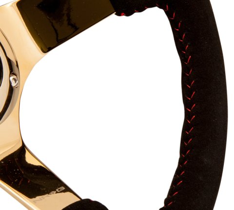NRG Reinforced Steering Wheel (350mm / 3in. Deep) Blk Suede w/Red BBall Stitch & Chrome Gold 3-Spoke thumbnail 5