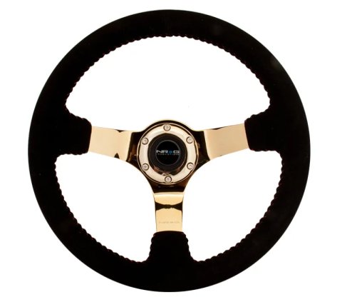 NRG Reinforced Steering Wheel (350mm / 3in. Deep) Blk Suede w/Red BBall Stitch & Chrome Gold 3-Spoke thumbnail 8
