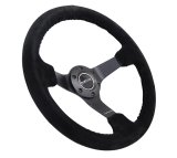 NRG Reinforced Steering Wheel (350mm / 3in. Deep) Blk Suede/Blk Bball Stitch w/5mm Matte Black Spoke thumbnail 2