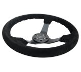 NRG Reinforced Steering Wheel (350mm / 3in. Deep) Blk Suede/Blk Bball Stitch w/5mm Matte Black Spoke thumbnail 3