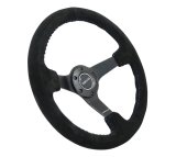 NRG Reinforced Steering Wheel (350mm / 3in. Deep) Blk Suede/Blue BBall Stitch w/5mm Matte Blk Spokes thumbnail 3