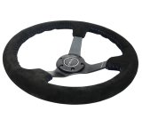 NRG Reinforced Steering Wheel (350mm / 3in. Deep) Blk Suede/Blue BBall Stitch w/5mm Matte Blk Spokes thumbnail 4