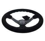 NRG Reinforced Steering Wheel (350mm / 3in. Deep) Blk Suede/Silver BBall Stitch w/5mm Mt. Blk Spokes thumbnail 1