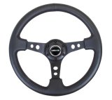 NRG Reinforced Steering Wheel (350mm / 3in. Deep) Blk Leather w/Blue Cutout Spoke & Single Yellow CM thumbnail 1