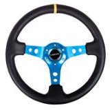 NRG Reinforced Steering Wheel (350mm / 3in. Deep) Blk Leather w/Blue Cutout Spoke & Single Yellow CM thumbnail 2