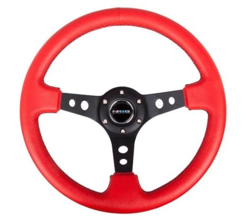 NRG Reinforced Steering Wheel (350mm / 3in. Deep) Red Leather/Blk Stitch w/Blk Spokes (Hole Cutouts) thumbnail 3