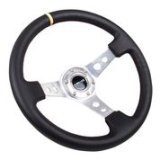 NRG Reinforced Steering Wheel (350mm / 3in. Deep) Blk Leather w/Circle Cut Spokes & Single Yellow CM thumbnail 2