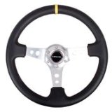 NRG Reinforced Steering Wheel (350mm / 3in. Deep) Blk Leather w/Circle Cut Spokes & Single Yellow CM thumbnail 3