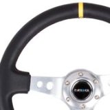 NRG Reinforced Steering Wheel (350mm / 3in. Deep) Blk Leather w/Circle Cut Spokes & Single Yellow CM thumbnail 4