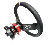 NRG Reinforced Steering Wheel (350mm / 3in Deep) Blk Leather w/NRG Arrow-Cut 2-Spoke & Sgl Yellow CM thumbnail 2