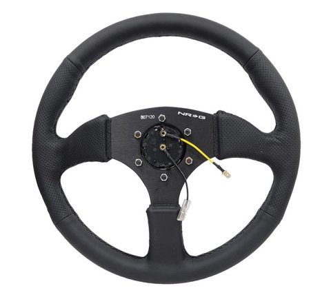 NRG Reinforced Steering Wheel (350mm / 2.5in. Deep) Blk Leather Comfort Grip w/5mm Matte Blk Spokes thumbnail 1