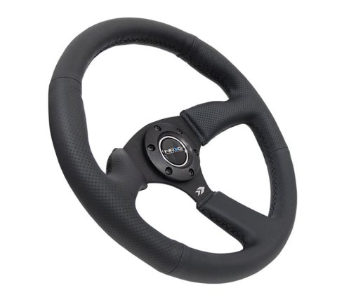 NRG Reinforced Steering Wheel (350mm / 2.5in. Deep) Blk Leather Comfort Grip w/5mm Matte Blk Spokes thumbnail 4