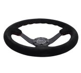 NRG Reinforced Steering Wheel (350mm / 3in. Deep) Blk Suede/Red BBall Stitch w/5mm Matte Blk Spokes thumbnail 1