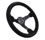 NRG Reinforced Steering Wheel (350mm / 3in. Deep) Blk Suede/Red BBall Stitch w/5mm Matte Blk Spokes thumbnail 5