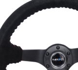 NRG Reinforced Steering Wheel (350mm / 3in. Deep) Blk Suede/Red BBall Stitch w/5mm Matte Blk Spokes thumbnail 6