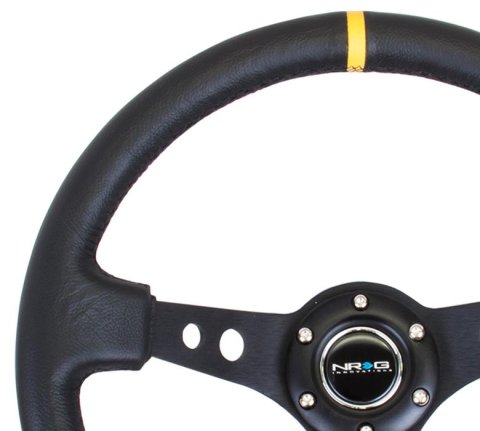NRG Reinforced Steering Wheel (350mm / 3in. Deep) Blk Leather w/Blk Cutout Spoke/Yellow Center Mark thumbnail 1