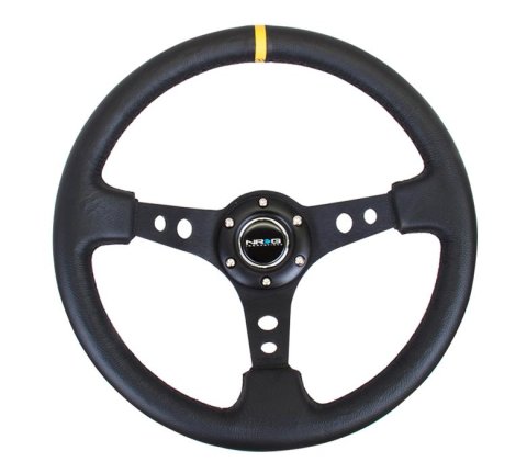 NRG Reinforced Steering Wheel (350mm / 3in. Deep) Blk Leather w/Blk Cutout Spoke/Yellow Center Mark thumbnail 2