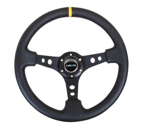 NRG Reinforced Steering Wheel (350mm / 3in. Deep) Blk Leather w/Blk Cutout Spoke/Yellow Center Mark thumbnail 4