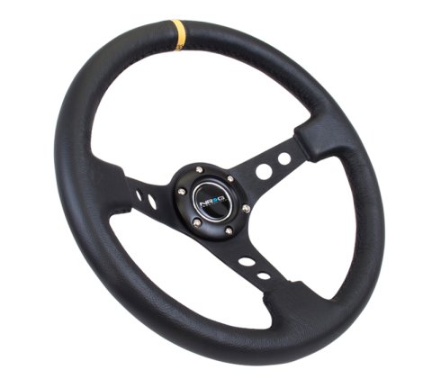NRG Reinforced Steering Wheel (350mm / 3in. Deep) Blk Leather w/Blk Cutout Spoke/Yellow Center Mark thumbnail 6
