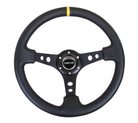 NRG Reinforced Steering Wheel (350mm / 3in. Deep) Blk Leather w/Blk Cutout Spoke/Yellow Center Mark thumbnail 8
