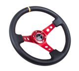 NRG Reinforced Steering Wheel (350mm / 3in. Deep) Blk Leather w/Red Spokes & Sgl Yellow Center Mark thumbnail 2