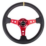 NRG Reinforced Steering Wheel (350mm / 3in. Deep) Blk Leather w/Red Spokes & Sgl Yellow Center Mark thumbnail 4