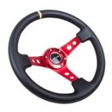 NRG Reinforced Steering Wheel (350mm / 3in. Deep) Blk Leather w/Red Spokes & Sgl Yellow Center Mark thumbnail 5