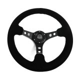NRG Reinforced Steering Wheel (350mm / 3in. Deep) Blk Suede/Blk Stitch w/Black Circle Cutout Spokes thumbnail 2