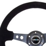 NRG Reinforced Steering Wheel (350mm / 3in. Deep) Blk Suede/Blk Stitch w/Black Circle Cutout Spokes thumbnail 8