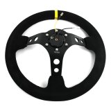NRG Reinforced Steering Wheel (350mm / 3in. Deep) Blk Suede w/Circle Cut Spokes & Single Yellow CM thumbnail 1