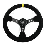 NRG Reinforced Steering Wheel (350mm / 3in. Deep) Blk Suede w/Circle Cut Spokes & Single Yellow CM thumbnail 2