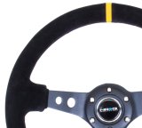 NRG Reinforced Steering Wheel (350mm / 3in. Deep) Blk Suede w/Circle Cut Spokes & Single Yellow CM thumbnail 4
