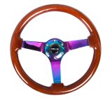 NRG Reinforced Steering Wheel (350mm / 3in. Deep) Classic Dark Wood w/4mm Neochrome Solid 3-Spoke thumbnail 4