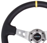 NRG Reinforced Steering Wheel (350mm / 3in. Deep) Blk Leather w/Gunmetal Cutout Spoke & Yellow CM thumbnail 1