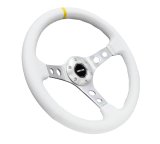 NRG Reinforced Steering Wheel (350mm / 3in. Deep) White Leather w/Silver Spoke & Single Yellow Mark thumbnail 2