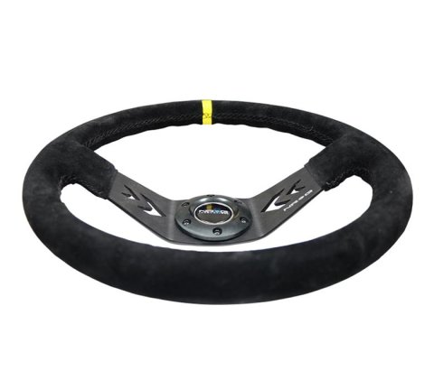 NRG Reinforced Steering Wheel (350mm / 3in. Deep) Blk Suede w/NRG Arrow Cut 2-Spoke & Yellow Mark thumbnail 4