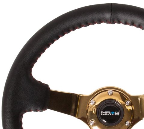 NRG Reinforced Steering Wheel (350mm / 3in. Deep) Blk Leather/Red BBall Stitch w/4mm Gold Spokes thumbnail 1